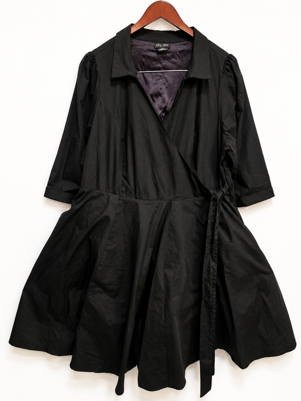 City Chic Black Wrap Dress 22 Plus Size Fit & Flare Puff Sleeve Pockets - Picture 3 of 11